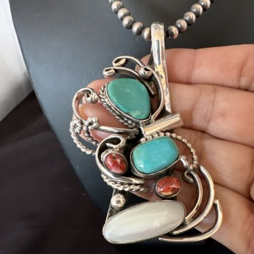Navajo Kingman Turquoise Spiny Oyster | Mother of Pearl Necklace Pendant | Sterling Silver | 15952
