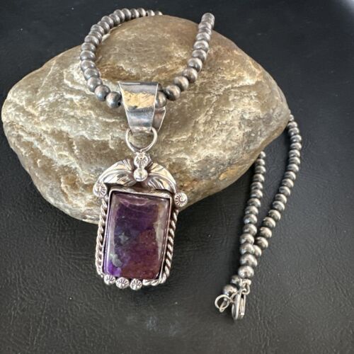 Navajo Pearls Purple Sugilite Pendant Necklace | Sterling Silver Beads | Authentic Native American Handmade | 15378