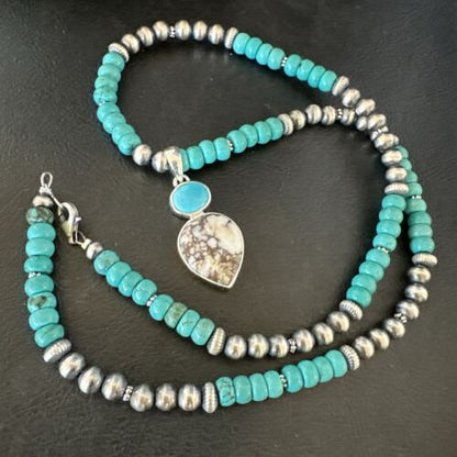 Navajo Wild Horse Blue Kingman Turquoise Necklace | Sterling Silver | Authentic Native American Handmade | 17525