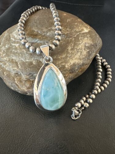 Navajo Blue Larimar Pendant Necklace | Sterling Silver Beads | Authentic Native American Handmade | 17568