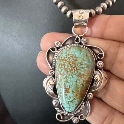 Navajo Blue Turquoise #8 Pendant | Sterling Silver Pearls Necklace | Authentic Native American Handmade | 15902