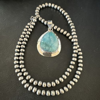 Navajo Blue Larimar Pendant Necklace | Sterling Silver Beads | Authentic Native American Handmade | 17563