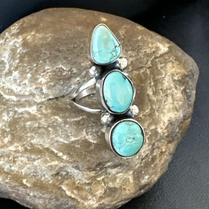 Navajo Blue Dry Creek Turquoise Cluster Ring | Authentic Native American Sterling Silver | Multi-Stone | Sz 8 | 17840