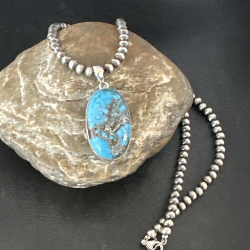 Navajo Blue Spiderweb Turquoise Pendant Necklace | Sterling Silver | Authentic Native American Handmade | 17017