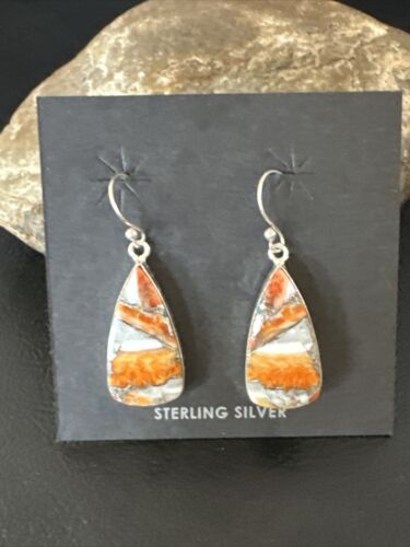 Navajo Blue Turquoise & Orange Spiny Oyster Inlay Dangle Earrings | Sterling Silver | 15583
