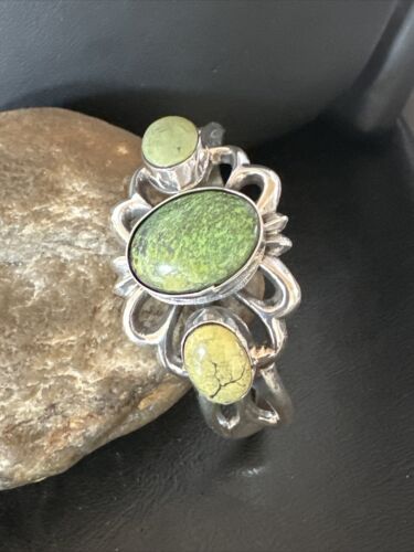 Navajo Green Turquoise Cuff Bracelet | Sterling Silver Tufa Cast | Authentic Native American Handmade | 16787