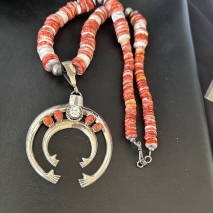 Navajo White Buffalo Spiny Oyster Naja Pendant Necklace | Sterling Silver | 25" | Authentic Native American Handmade | 17421