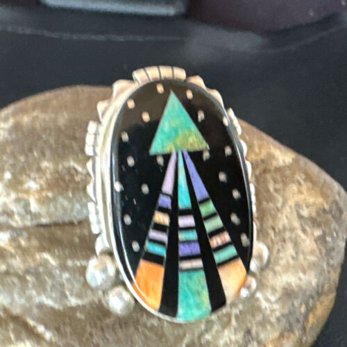Navajo Green Turquoise Spiny Oyster Inlay Ring | Sterling Silver | Sz 7.5 | 16333