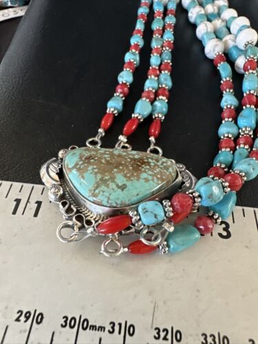 Navajo Blue Turquoise 3-Strand Coral Pendant Necklace | Sterling Silver | Authentic Native American Handmade | 15516