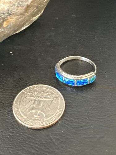Navajo Blue Opal Inlay Ring | Sterling Silver | Sz 7.5 | Authentic Native American Handmade | 16433