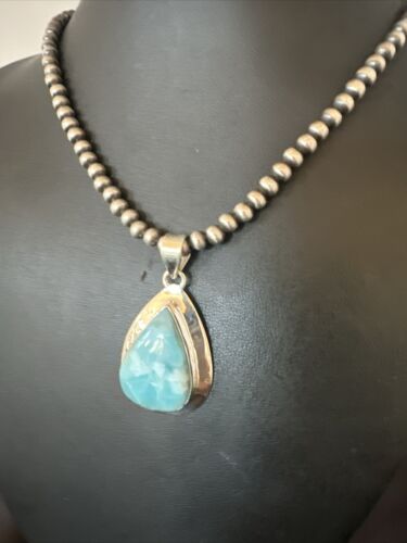Navajo Blue Larimar Pendant Necklace | Sterling Silver Beads | Authentic Native American Handmade | 17569 - Masha USA