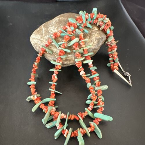 Navajo Green Turquoise Coral Stick Bead Necklace | Sterling Silver | 22" | Authentic Native American Handmade | 17255