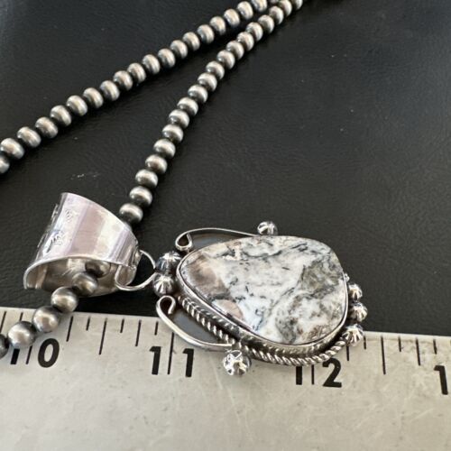 Navajo White Buffalo Turquoise Pendant | Pearl Sterling Silver Necklace | Authentic Native American Handmade | 17043