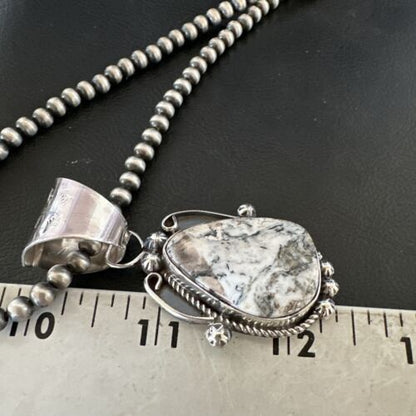 Navajo White Buffalo Turquoise Pendant | Pearl Sterling Silver Necklace | Authentic Native American Handmade | 17043
