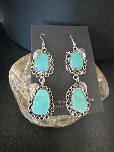Navajo Blue Kingman Turquoise Dangle Earrings | Sterling Silver | Authentic Native American Handmade | 15188