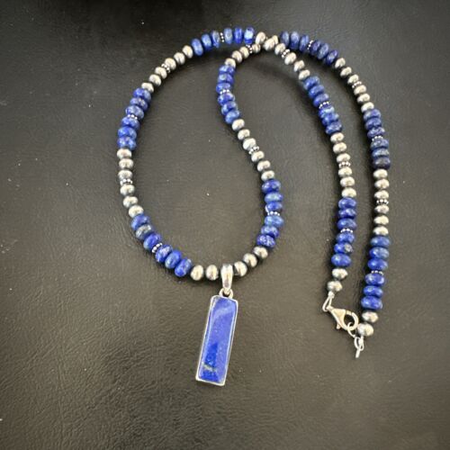 Navajo Blue Lapis Pendant with Pearls | Sterling Silver Necklace | Authentic Native American Handmade | 16934