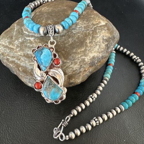 Navajo Blue Turquoise | Coral Pendant Necklace | Sterling Silver | Multi-Stone | 15256