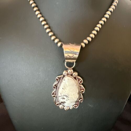 Men's White Buffalo Turquoise Pendant | Navajo Pearl Sterling Silver Necklace 21" | Handmade Jewelry | 17044