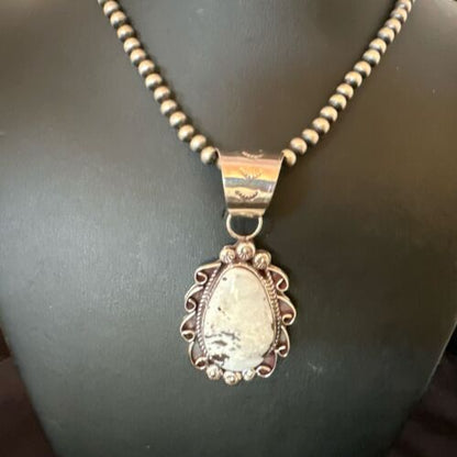 Men's White Buffalo Turquoise Pendant | Navajo Pearl Sterling Silver Necklace 21" | Handmade Jewelry | 17044