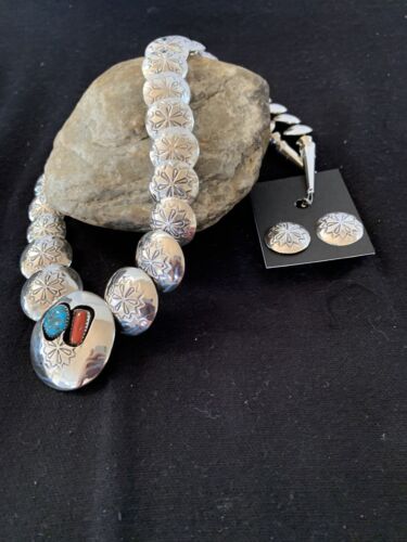 Navajo Coral Turquoise Necklace | Graduated Sterling Silver Pillow Stamped | 15635