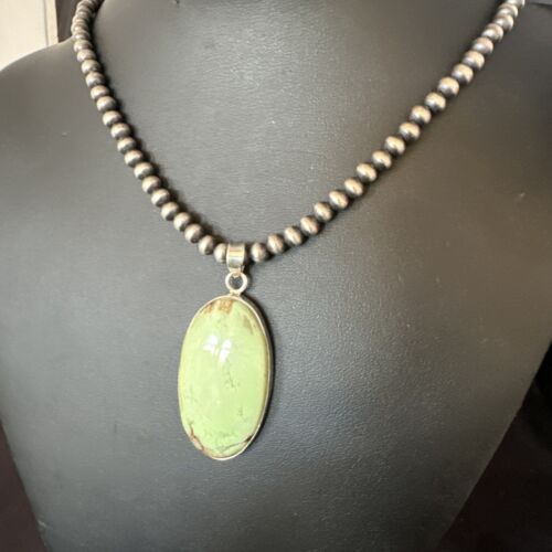 Navajo Green Gaspeite Pendant Necklace | Sterling Silver | Authentic Native American Handmade | 15488