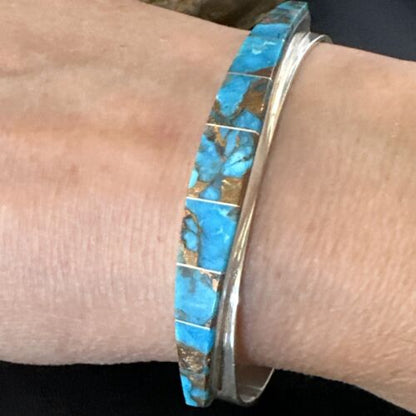 Navajo Men's Blue Mojave Turquoise Inlay Bracelet | Sterling Silver | Authentic Native American Handmade | 15065 - Masha USA