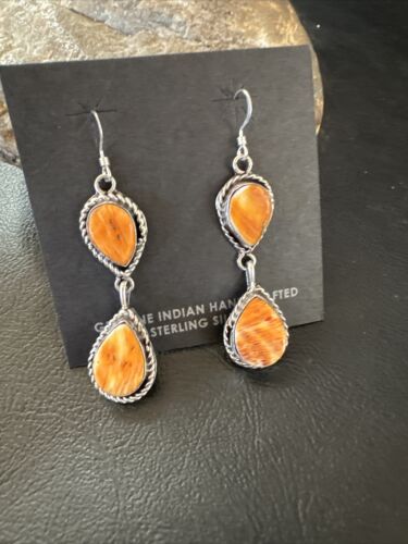 Navajo Orange Spiny Oyster Dangle Earrings | Sterling Silver | 1.5" | Authentic Native American Handmade | 16574