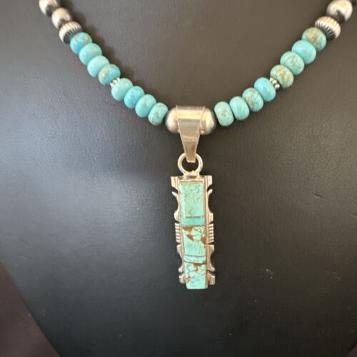 Turquoise #8 Inlay Pendant Necklace | Navajo Sterling Silver | Authentic Native American Handmade | 17072