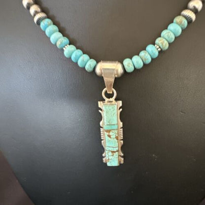 Turquoise #8 Inlay Pendant Necklace | Navajo Sterling Silver | Authentic Native American Handmade | 17072