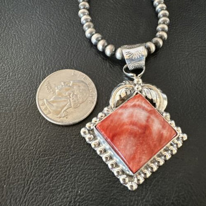 Navajo Red Spiny Oyster Pendant Necklace | Sterling Silver | Authentic Native American Handmade | 16145