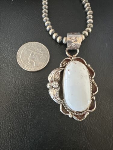 Navajo White Buffalo Turquoise Pendant Necklace | Sterling Silver | Authentic Native American Handmade | 15615