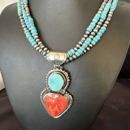 Navajo Pearls Blue Turquoise Spiny Pendant Necklace | Sterling Silver | 3-Strand | 16827