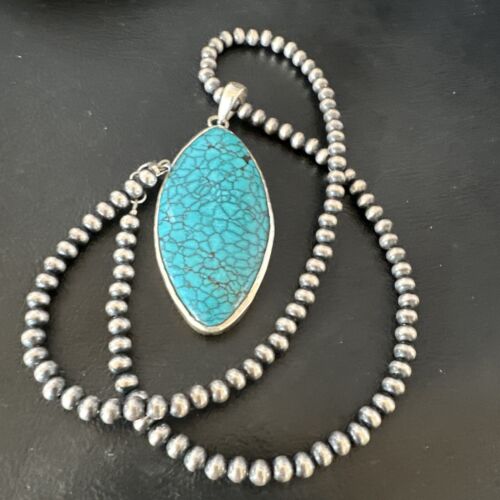 Men's Navajo Blue Spiderweb Turquoise Pendant Necklace | Sterling Silver | Authentic Native American Handmade | 16210
