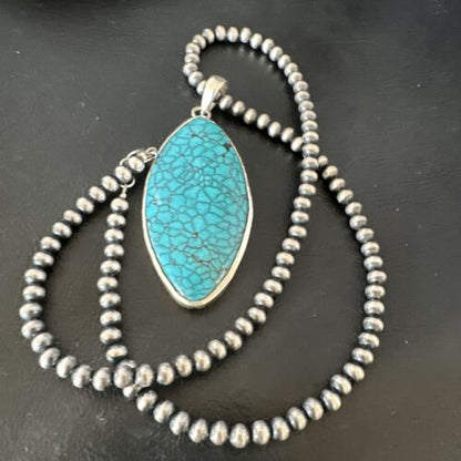 Men's Navajo Blue Spiderweb Turquoise Pendant Necklace | Sterling Silver | Authentic Native American Handmade | 16210