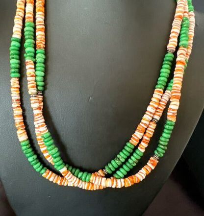 Navajo Green Turquoise Spiny Oyster Necklace | Sterling Silver | Authentic Native American Handmade | 17534