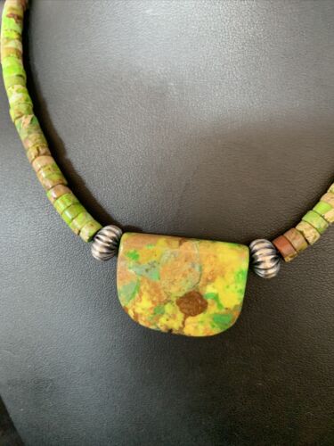 Navajo Green Gaspeite Turquoise Pendant | Sterling Silver | Authentic Native American Handmade | 13772