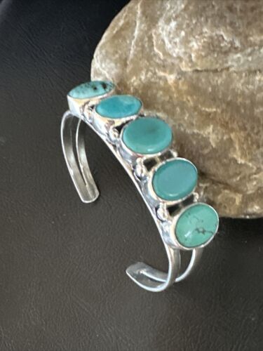 Women's Blue Turquoise 5-Stone Cuff Bracelet | Navajo Sterling Silver | Authentic Native American Jewelry | 16281