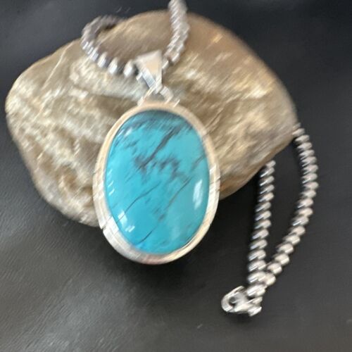 Men's Navajo Blue Spiderweb Turquoise Pendant Necklace | Sterling Silver | Authentic Native American Handmade | 16197