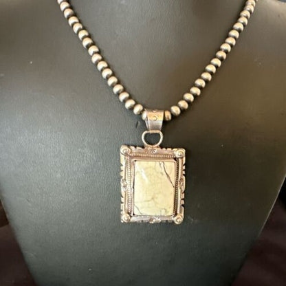 White Buffalo Turquoise Pendant | Navajo Pearls Sterling Silver Necklace | Authentic Native American Handmade | 17102
