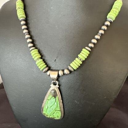 Navajo Green Gaspeite Pendant Necklace | Sterling Silver | Authentic Native American Handmade | 10979
