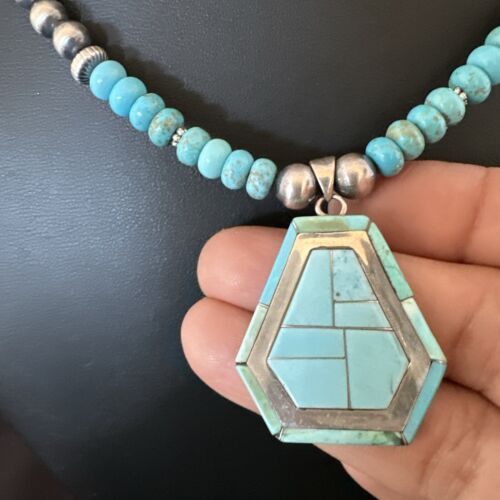 Navajo Turquoise Inlay Pendant Necklace | Sterling Silver | Authentic Native American Handmade | 17077