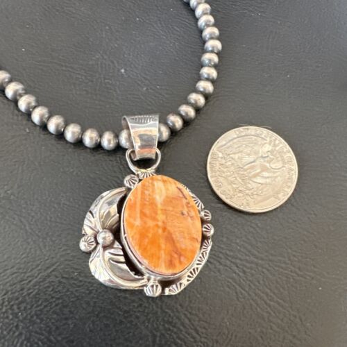 Women's Orange Spiny Oyster Pendant | Navajo Pearls Sterling Silver Necklace 21" | 16555