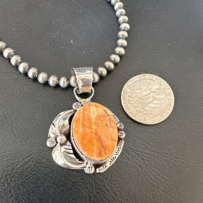 Women's Orange Spiny Oyster Pendant | Navajo Pearls Sterling Silver Necklace 21" | 16555