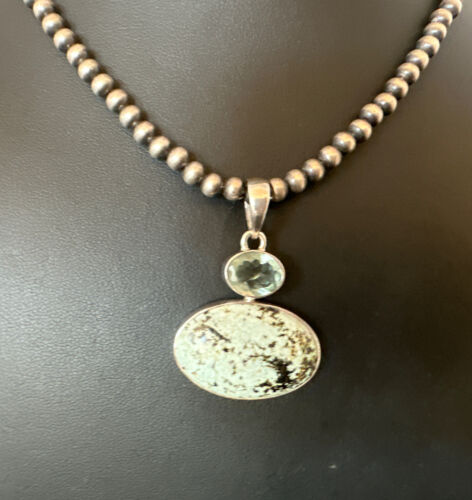 Navajo Dry Creek Turquoise Topaz Pendant Necklace | Sterling Silver | Authentic Native American Handmade | 16436