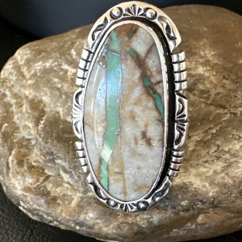 Navajo Ribbon Boulder Green Turquoise Ring | Sterling Silver | Sz 9 | Authentic Native American Handmade | 16252