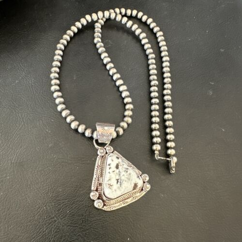 White Buffalo Turquoise Pendant | Navajo Pearls | Sterling Silver Necklace 21" | 17110