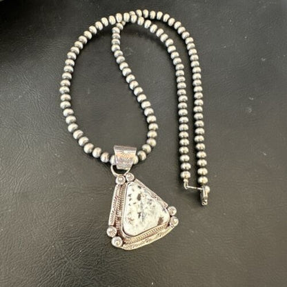 White Buffalo Turquoise Pendant | Navajo Pearls | Sterling Silver Necklace 21" | 17110