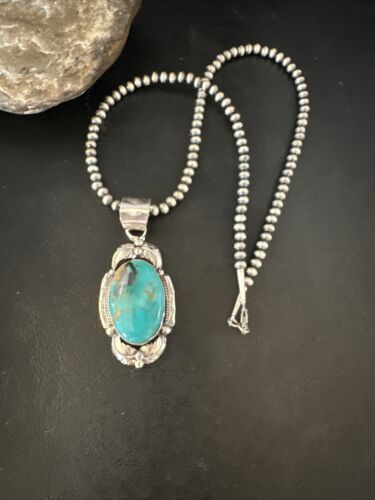 Navajo Pearls Necklace with Blue Turquoise Pendant | Sterling Silver | Authentic Native American Handmade | 14879