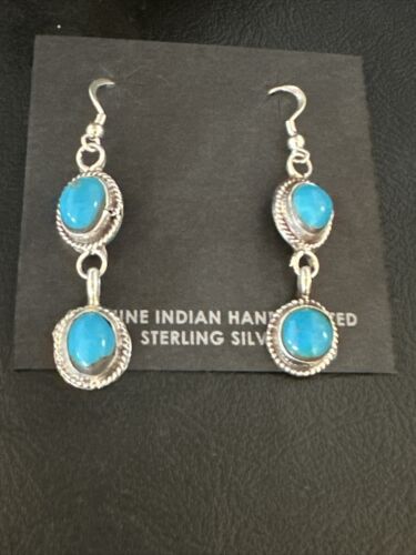 Kingman Turquoise Dangle Earrings | Navajo Sterling Silver | Authentic Native American Handmade | 14869