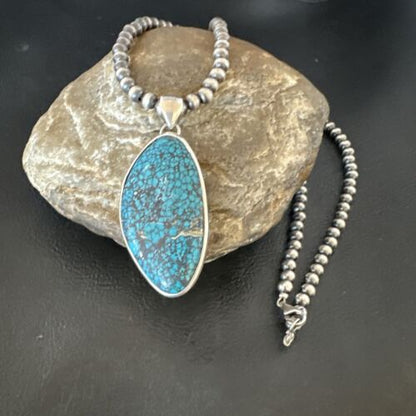 Men's Navajo Blue Spiderweb Turquoise Pendant Necklace | Sterling Silver | Authentic Native American Handmade | 16217